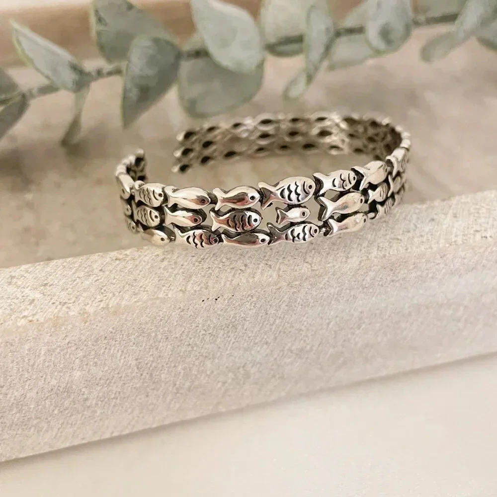 925 Sterling Silver Cuff Bracelet School of Fish Bracelet Modern Silver Bangle